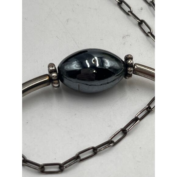 Sterling Silver 925 Artisan Made Chain Center Hematite Bead Accent Necklace - Picture 11 of 11